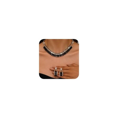 Boho Mode Abschlussball glänzend schwarz Strass Halsband Halskette Ohrringe Set zierlich L