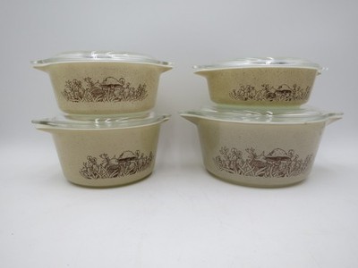 VTG RETRO PYREX FOREST FANCIES MUSHROOMS CASSEROLE SET 471 472 473 474 WITH LIDS