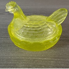 Mosser Vaseline Uranium Hen On Nest VTG Art Glass Trinket/Candy Dish 4"X 3 1/2"