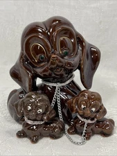 Vintage ArtMark MCM Brown Redware Dogs Chained Puppies Figures Kitsch Retro Dogs
