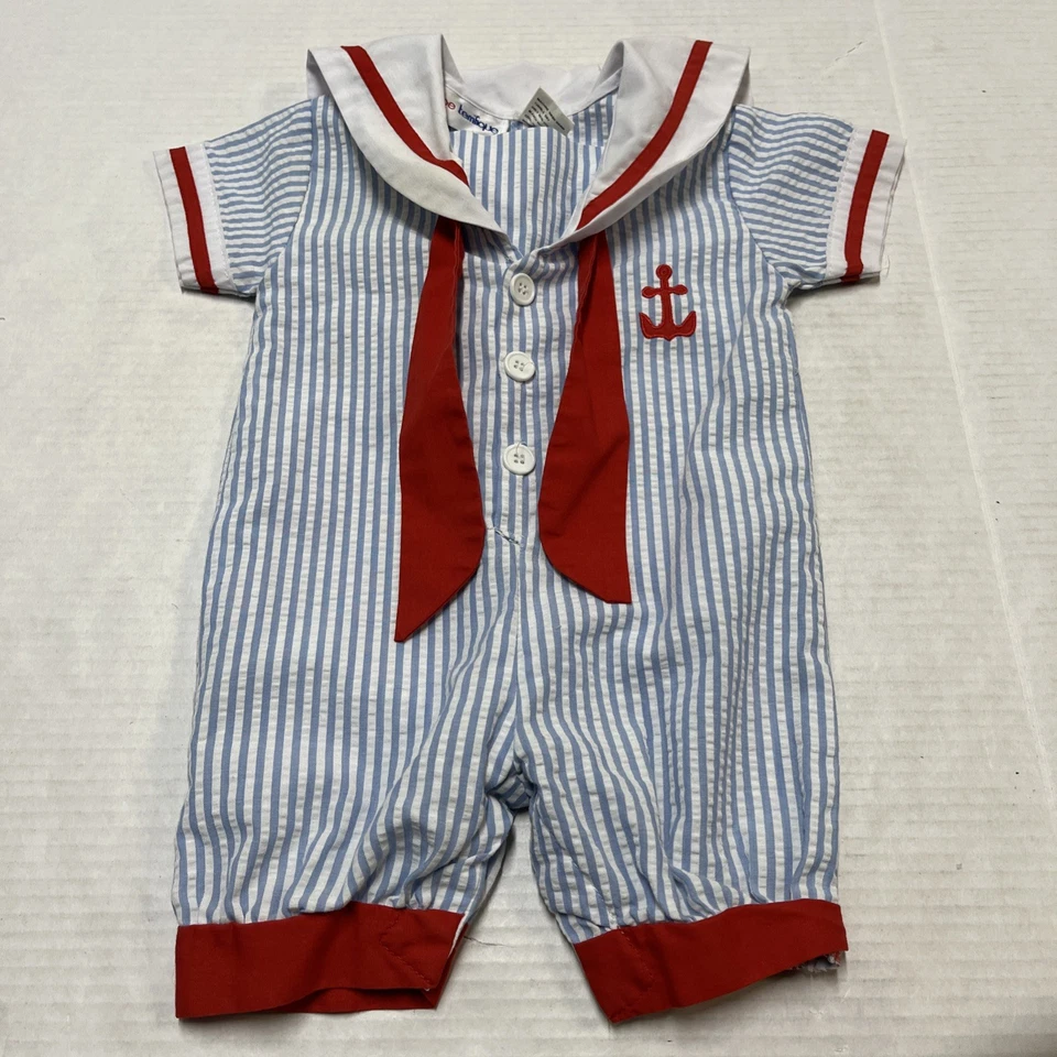 Mameluco Vintage Bebé Talla 6/9 Meses Azul Rayas Seersucker Marinero Traje Náutico Foto 3 de 4