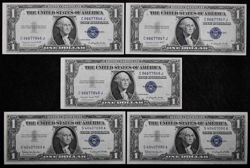 Old Money LOT of 5 consecutive 1935E & 1957B $1 Silver Certificates XF AU CJ8667