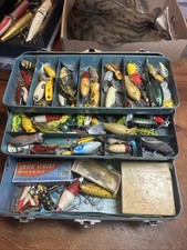 Vintage Tackle Box & Fishing LOT Pflueger Heddon South Bend Paw Paw