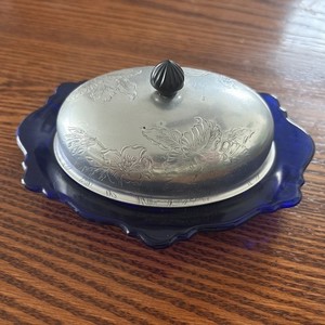 VTG Cobalt Blue Butter Dish With Silver plated Lid See Pictures For Condition