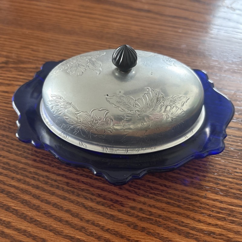 VTG Cobalt Blue Butter Dish With Silver plated Lid See Pictures For Condition