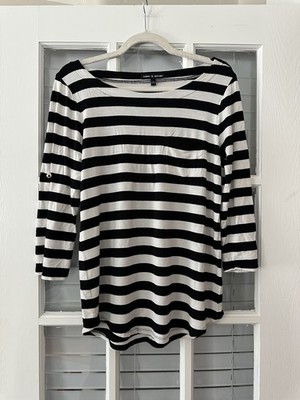Cable & Gauge Women s L Black and White stripe 3/4 Roll Tab Sleeve Soft Top