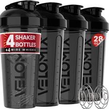 -4 PACK- 28 oz Protein Shaker Bottle for Protein Mixes - 4x Wire Whisk | Leak...