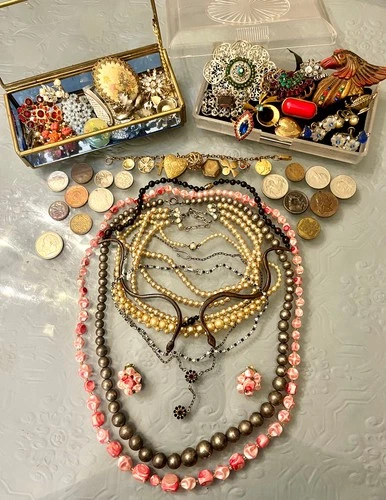 Vintage & Antique Junk Drawer Lot Costume Jewelry Coins & 2 Vintage Boxes