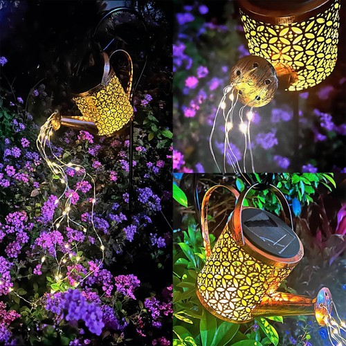 Solar Garden Watering Can Lights Cascading Outdoor Hanging Lanterns Decor 2 Pcs - Picture 4 of 9