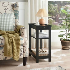 - Slim Wood Side End Table with Storage Shelves & Pull-Out Tray, Nightstand for