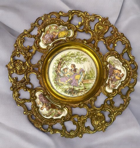 Coppia Fragonard Vintage Limoges Placca Placca Telaio Oro Ottone Diametro 11 - Foto 2 di 12