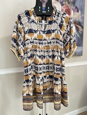 Umgee Bohemian Cotton Aztec Boho Mustard Navy Dress Lagenlook Sz S Fits M