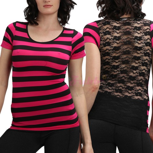 Women Stripe Tops Floral Lace Back T-Shirt Slim Fit Mesh Tee Shirt Short Sleeves - Picture 5 of 13