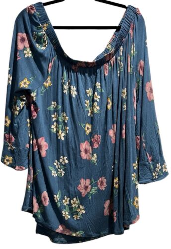 Lane Bryant Top Size 26/28 4X Blue Floral Off The Shoulder Ruffle Flowy Stretch - Picture 2 of 6