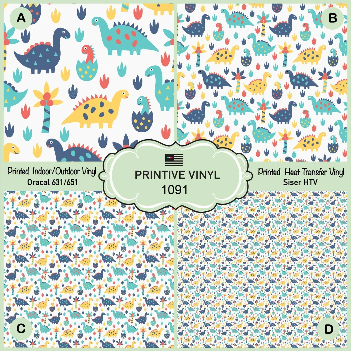 Kids Dinosaur Patterned HTV Adhesive Vinyl Heat Transfer Vinyl 1091