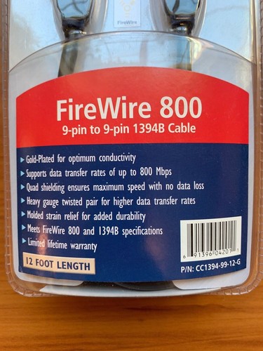 SanMax Gold Series 12' Firewire 800 9-pin to 9-pin 1394B Cable CC1394-99-12-G - 第 2/4 張圖片