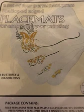 Vtg Vogart Placemats Set Of 4 Butterfly &Dandelions Embroidery Or Painting 1980