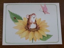 Heartline Hallmark blank notecard, cute field mouse on flower with butterfly