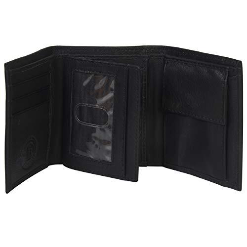 Leatherboss Slim Black Leather Trifold Wallet with ID Window and Coin Pocket