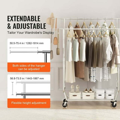 Heavy Duty Clothing Garment Rack with Shelves Wheels Double Hanging Rod rolling - Picture 3 of 8