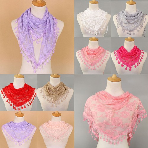 Womens Lace Floral Triangle Scarf Sheer Tassel Shawl Scarves Elegant Head Wrap я - Picture 5 of 55