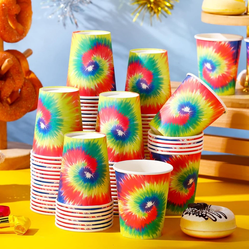 Paquete de 100 tazas Tie Dye de 9 OZ Tie Dye decoración de fiesta de cumpleaños bebida fría caliente P Foto 3 de 4
