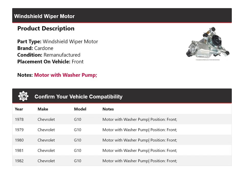 For 1978-1982 Chevrolet G10 Windshield Wiper Motor Front Cardone 1979 1980 1981 - Image 2 of 4