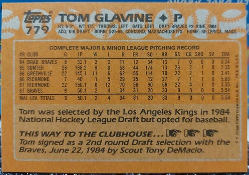 1988 Topps RC #779 Tom Glavine Atlanta Braves Rookie Baseball Card - Picture 2 of 2