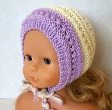 Baby Girl Hat BONNET knitted, Acrylic, Handmade, Ivory, Lavender trim, 3-6 mont