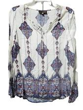 crosby. Long Sleeve Tie-Front Printed Peasant Blouse Size Medium Boho Hippie