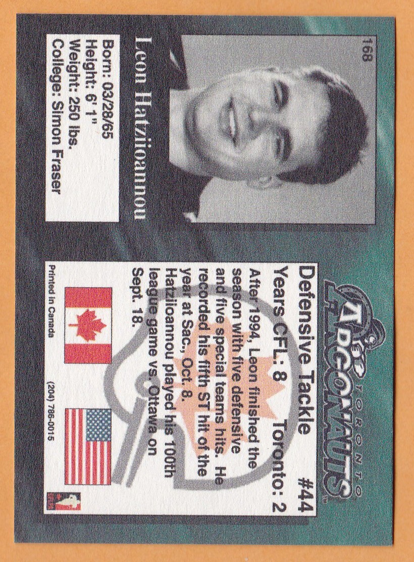 哈恩卡  Leon Hatziioannou 1995 REL CFL card #168 Toronto Argonauts