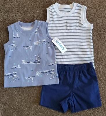 Baby Boys Carter's 3 pc Set-Striped & Ocean Tanks Shorts Size 3 6 9 12 18 mo NWT