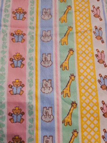 Vtg 7 Yards Cotton Fabric Nursery Kids Zoo Animals Monkey Giraffe Bear Striped - Picture 4 of 4