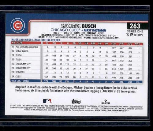 Michael Busch Chicago Cubs Topps #263 2025 - Imagen 2 de 2