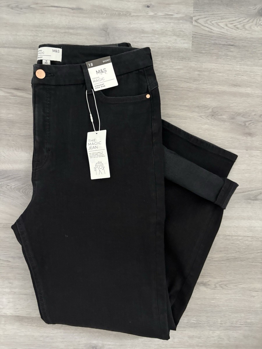 M&S WOMENS SIENNA BLACK DENIM HIGH WAISTED STRAIGHT MAGIC JEANS