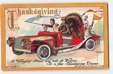 Turkey Driving Car THANKSGIVING Football Players Beecher Embossed 1910 Postcard
