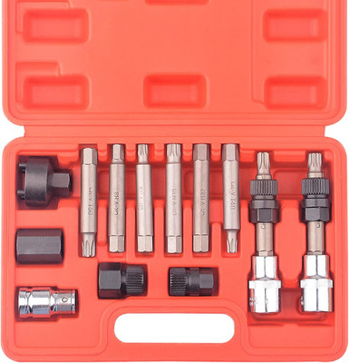 13 Pc Alternator Freewheel Pulley Car Garage Tool Kit Hex Spline Star Bits