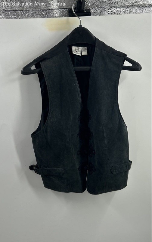 M.J.Carroll Womens Black Leather Sleeveless V-Neck Winter Vest Size Large