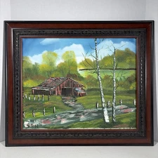 Original Rustic Farmhouse Barn Landscape Art Oil Painting Trees Water Signed