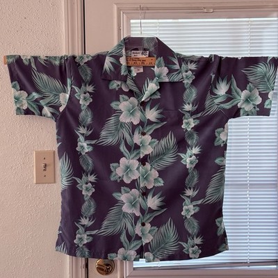 Hawaiian Aloha Shirt TEAL grey MAKANI - hibiscus palm leaves Mens MEDIUM