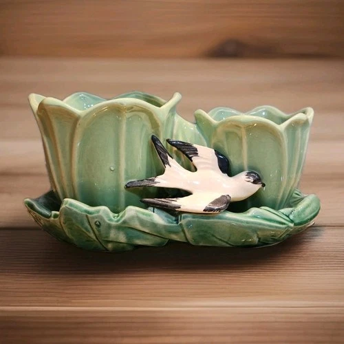 McCoy Double Tulip Planter Green White n Black Swallow Bird Vintage 1949