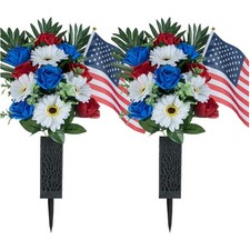 Memorial Day Flowers for Cemetery: 2 Pcs Outdoor Grave Decorations - Artifici...