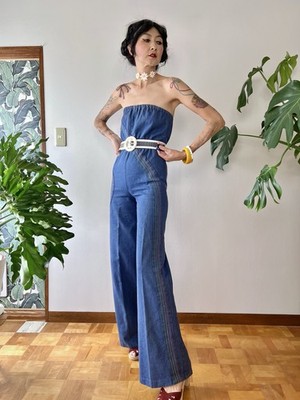 1970s Happy Legs Rainbow Chain Stitch Strapless Denim Jumpsuit