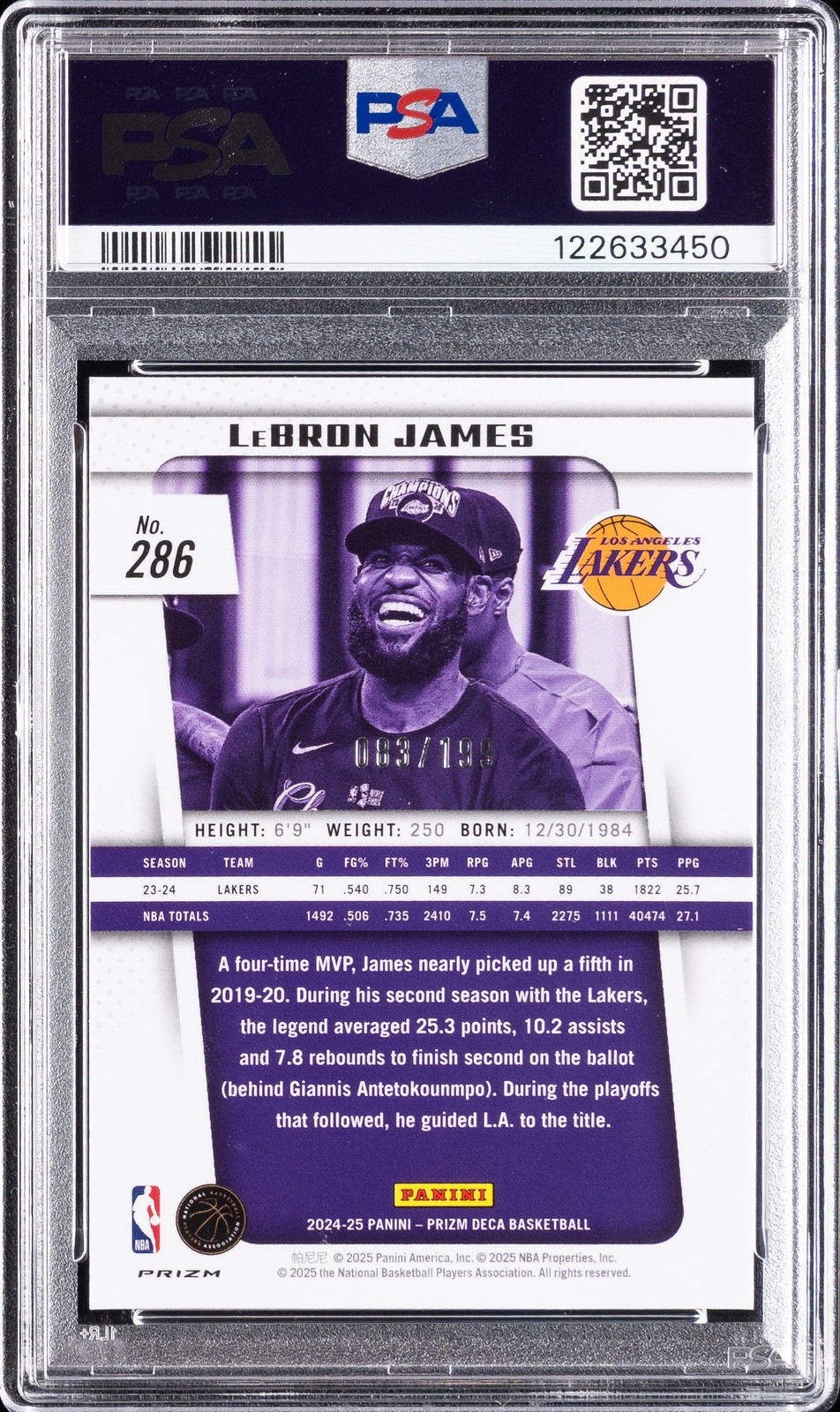 2024 PANINI PRIZM DECA RED PRIZM #286 LEBRON JAMES 83/199 PSA 10 view 2