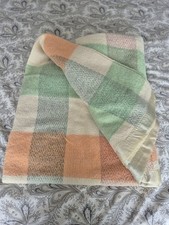 Vintage Swando Woollen Blanket Throw Satin Trim Orange Green Pale Yellow Large