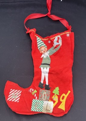 Vtg 1950s MCM Felt Christmas Stocking Pixies Elf Elves Japan Noel