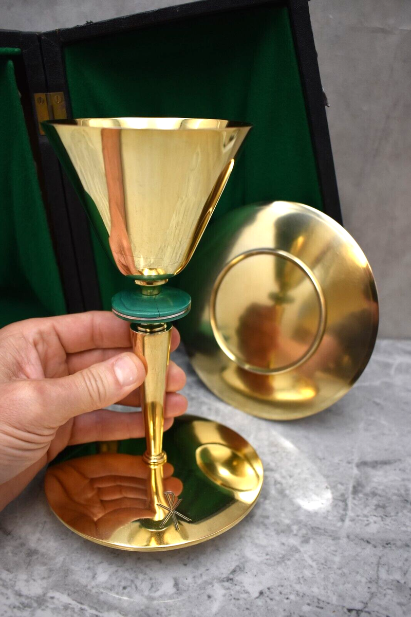 Vintage Antique All Silver Chalice & Paten Set with Green
