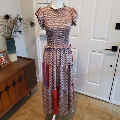 Perry Walker Silk Maxi Dress Womens XS 2 Smocked Top Tiered Skirt Peasant Ruffle