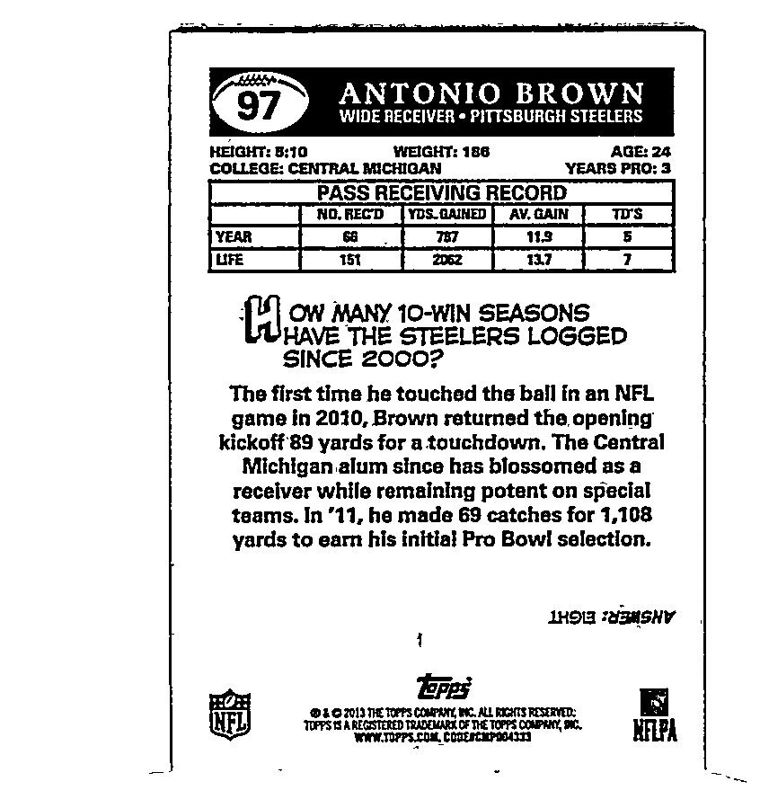 2013 Topps #97 Antonio Brown 1959 Mini STEELERS - Image 2 of 2