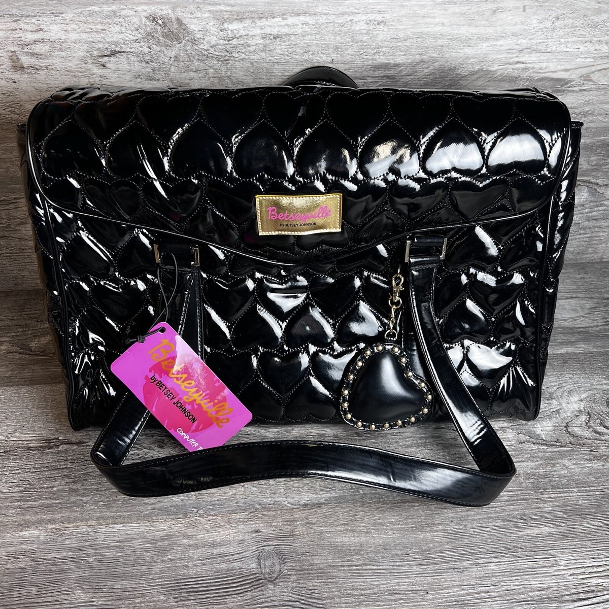 BETSY JOHNSON BETSYVILLE Black Leather Quilted Laptop Tote Purse